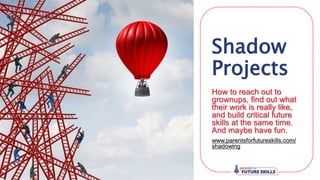 Shadow
Projects
How to reach out to
grownups, find out what
their work is really like,
and build critical future
skills at the same time.
And maybe have fun.
www.parentsforfutureskills.com/
shadowing
 