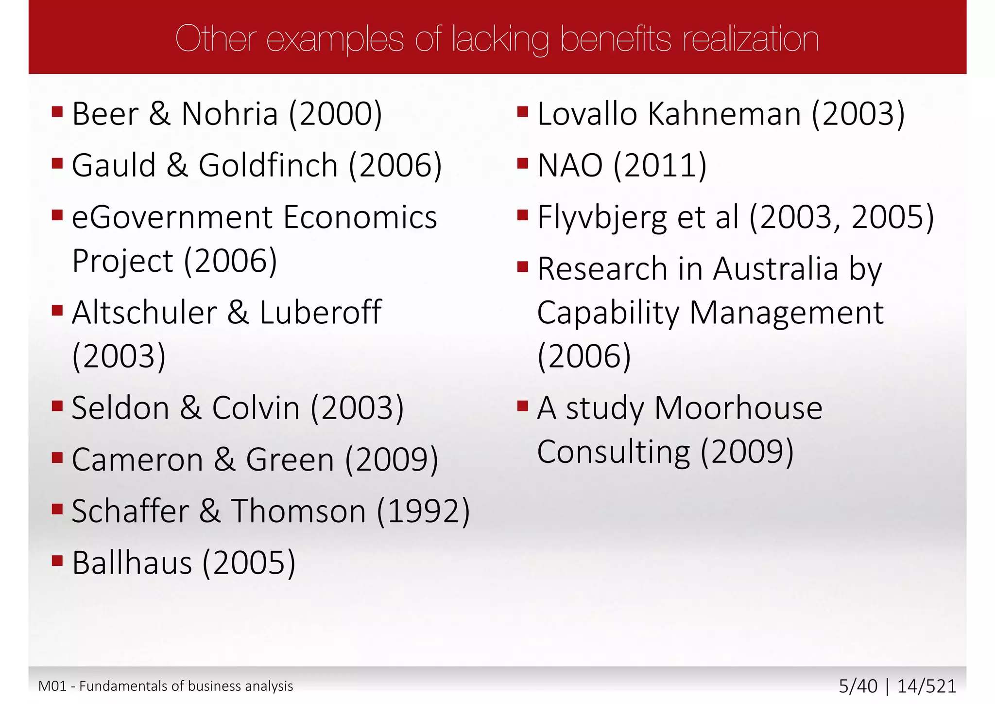 Lovallo Kahneman (2003)
NAO (2011)
Flyvbjerg et al (2003, 2005)
Research in Australia by
Capability Management
(2006)
A study Moorhouse
Consulting (2009)
Beer & Nohria (2000)
Gauld & Goldfinch (2006)
eGovernment Economics
Project (2006)
Altschuler & Luberoff
(2003)
Seldon & Colvin (2003)
Cameron & Green (2009)
Schaffer & Thomson (1992)
Ballhaus (2005)
M01 - Fundamentals of business analysis 5/46 | 14/527
 