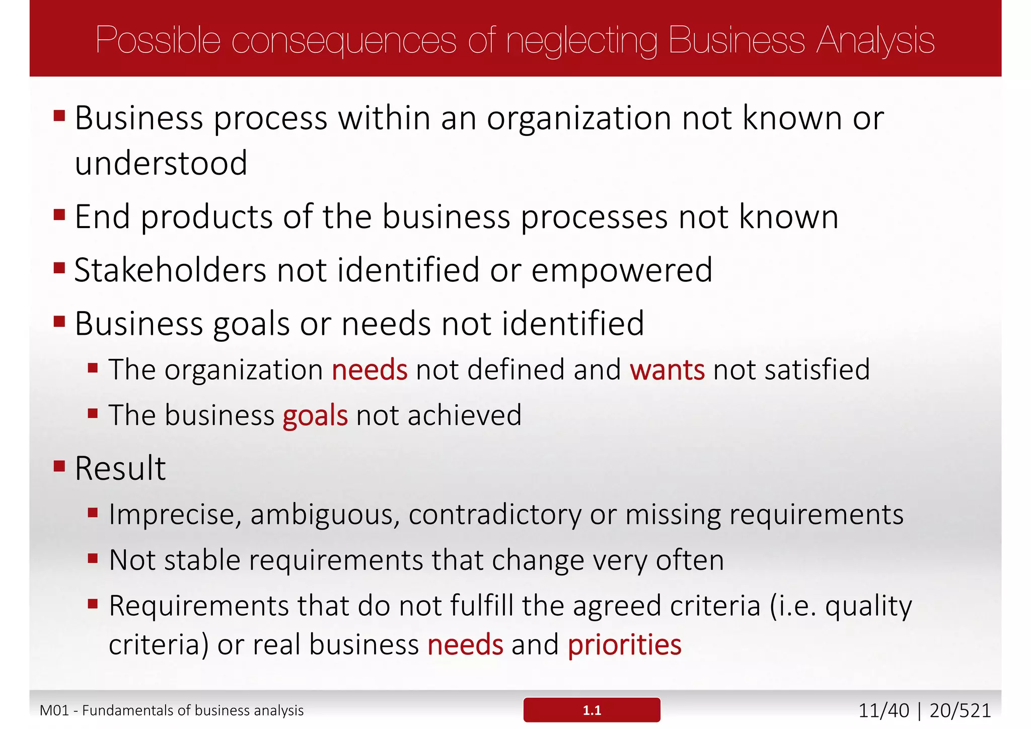 Instability of the
requirements (frequent
changes)
Redundant information
Insufficient user
involvement
Underpowered users
Overlooked user personas
Minimal or no specification
at all
Communication issues
Culture
Unclear goals/objectives
Bad quality of the
requirements and/or
business needs
Language barriers
Domain knowledge barriers
Too formal formulations
Ambiguous, overly
specified, unclear, unclear,
impossible, contradictory
requirements
1.1M01 - Fundamentals of business analysis 11/46 | 20/527
 