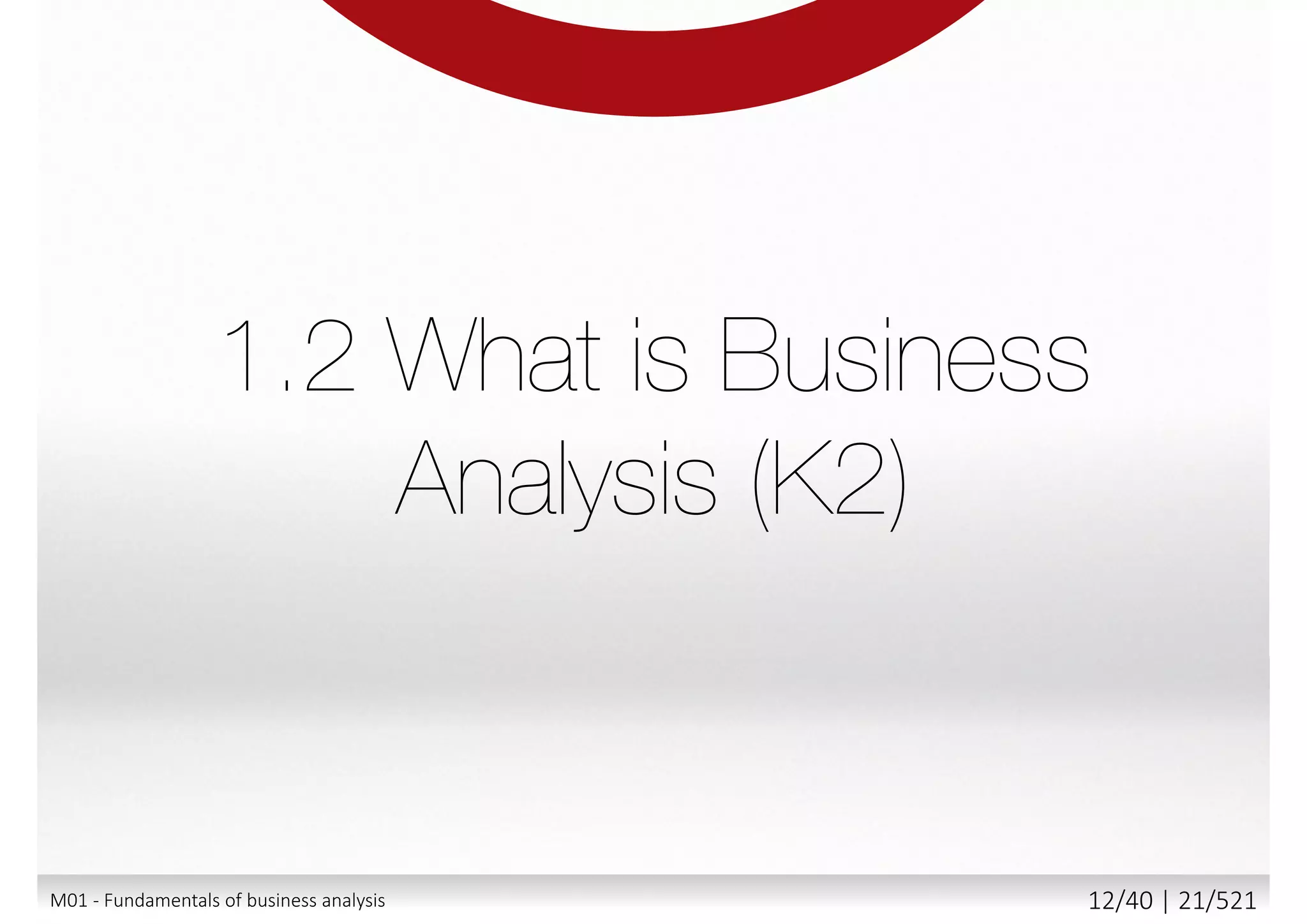 Time pressure
Exclusive orientation toward fast results
Exclusive fixation on costs
Perceiving documentation or analyzing and understanding
business processes as a cost, not added value
1.1M01 - Fundamentals of business analysis 12/46 | 21/527
 