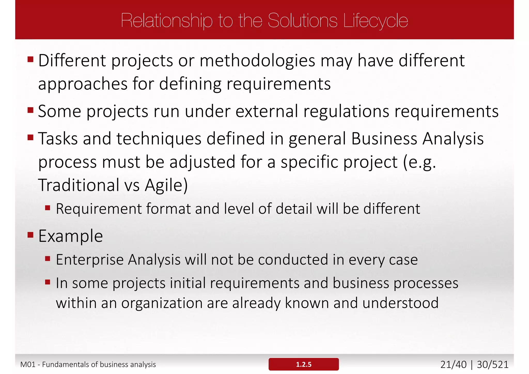 The Business Analysis in testing phase
 Checking test results
 Resolving issues related to defects or gaps in the requirements
 Supporting preparing test cases for User Acceptance Testing
 Supporting acceptance testers in executing test cases
1.2.4
Analysis Specification Testing Deployment
M01 - Fundamentals of business analysis 21/46 | 30/527
 