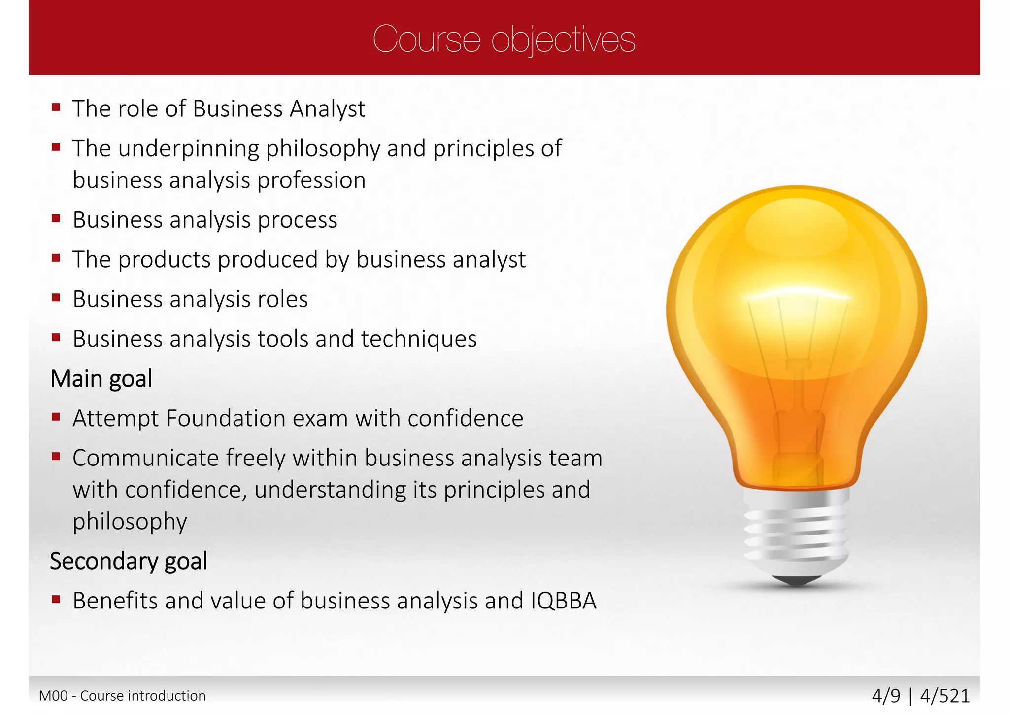 Please share with the class:
 Your name and surname
 Your organization
 Your profession (title, function,
job responsibilities)
 Your familiarity with the:
 Project management
 Business analysis
 Your experience with BABOK
 Your personal session
expectations
M00 - Course introduction 4/9 | 4/527
 