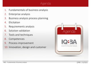 1. Fundamentals of business analysis
2. Enterprise analysis
3. Business analysis process planning
4. Elicitation
5. Requirements analysis
6. Solution validation
7. Tools and techniques
8. Competences
9. Process improvement
10. Innovation, design and customer
M01 - Fundamentals of business analysis 2/46 | 11/527
 