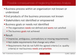 Instability of the
requirements (frequent
changes)
Redundant information
Insufficient user
involvement
Underpowered users
Overlooked user personas
Minimal or no specification
at all
Communication issues
Culture
Unclear goals/objectives
Bad quality of the
requirements and/or
business needs
Language barriers
Domain knowledge barriers
Too formal formulations
Ambiguous, overly
specified, unclear, unclear,
impossible, contradictory
requirements
1.1M01 - Fundamentals of business analysis 11/46 | 20/527
 