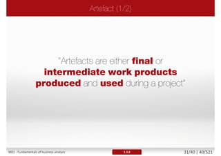 Requirement
Provide foundation
for project's
assessment,
planning, execution
and monitoring
Defines customer
expectations
(stakeholders value)
Acting as
component of
agreements,
project plans
Establish system
boundaries, scope
of delivery
1.3.3M01 - Fundamentals of business analysis 31/46 | 40/527
 