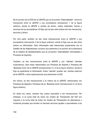 160
De la porción de la ECA de la UENTE que se encuentra “Externalizada”, vemos la
transacción entre la UENTE y sus proveedores (transacción 1 de la figura
anterior), donde la UENTE a cambio de dinero, recibe materiales, bienes y
servicios de sus proveedores. El flujo que se dan entre ambos son las mercancías,
servicios y dinero.
Por otra parte, también se dan otras transacciones entre la UENTE y sus
proveedores (transacción 2 de la figura anterior), donde el flujo que se dan entre
ambos es Información. Esta Información está relacionada propiamente con la
Gestión de las Adquisiciones, proceso que pertenece a la porción de la Estructura
de la Cadena de Abastecimiento que se encuentra “Internalizada” (Actividades o
Procesos de Soporte).
También, se dan transacciones entre la UENTE y sus “clientes” (clientes
corporativos), sean estos relacionados con Procesos de Soporte o Procesos del
“Business Core” de la UENTE (transacciones 3 y 4 de la figura anterior), donde el
flujo es igualmente la Información. Estos “clientes” pueden ser: clientes externos
de la UENTE u otras organizaciones que pertenecen al ICE.
Así mismo, se dan transacciones a lo interno de la UENTE, relacionados con
Procesos de Soporte o Procesos de su “Business Core” (transacciones 5 y 6 de la
figura anterior).
En todos los casos, siempre hay costos asociados a las transacciones. Sin
embargo, si la suma total de todos los Costos de Transacción del ICE son
mayores a la suma total de todos los Costos de Transacción de alternativas o
iniciativas privadas que brindan al mercado servicios iguales o equivalentes a los
 