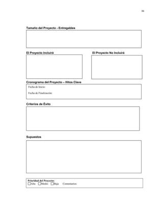 86




Tamaño del Proyecto - Entregables




El Proyecto Incluirá                         El Proyecto No Incluirá




Cronograma del Proyecto – Hitos Clave
 Fecha de Inicio:

 Fecha de Finalización:



Criterios de Éxito




Supuestos




 Prioridad del Proyecto:
   Alta     Medio      Baja   Comentarios:
 
