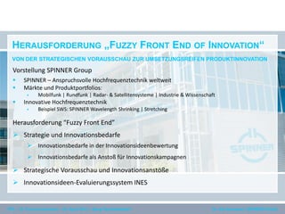 HERAUSFORDERUNG „FUZZY FRONT END OF INNOVATION“
VON DER STRATEGISCHEN VORAUSSCHAU ZUR UMSETZUNGSREIFEN PRODUKTINNOVATION
Vorstellung SPINNER Group
 SPINNER – Anspruchsvolle Hochfrequenztechnik weltweit
 Märkte und Produktportfolios:
 Mobilfunk | Rundfunk | Radar- & Satellitensysteme | Industrie & Wissenschaft
 Innovative Hochfrequenztechnik
 Beispiel SWS: SPINNER Wavelength Shrinking | Stretching
Herausforderung “Fuzzy Front End”
 Strategie und Innovationsbedarfe
 Innovationsbedarfe in der Innovationsideenbewertung
 Innovationsbedarfe als Anstoß für Innovationskampagnen
 Strategische Vorausschau und Innovationsanstöße
 Innovationsideen-Evaluierungssystem INES
Dr. Kai Numssen | SPINNER GmbHPFI – 10. Forum Innovation – 24. April 2013 – Burg Perchtoldsdorf
 
