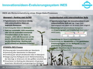 Innovationsideen-Evaluierungssystem INES
PFI – 10. Forum Innovation – 24. April 2013 – Burg Perchtoldsdorf Dr. Kai Numssen | SPINNER GmbH
INES als Weiterentwicklung eines Stage-Gate-Prozesses
Ideenpool + Ranking statt Go/Kill
Typischerweise konkurrieren ständig
viele unterschiedliche Ideen um
begrenzte Ressourcen
 Sammlung aller Ideen im Ideenpool
 Statt nur unrentable, nicht umsetzbare
oder sich als unattraktiv erweisende
Innovationsideen an den Gates zu
stoppen, sollen alle Ressourcen auf die
jeweils attraktivsten Ideen verwendet
werden (Bewertung + Ranking statt
go/kill anhand von absoluten Kriterien)
SPINNERs INES-Prozess
Erfassung jeder Innovationsidee per Ideenkarte
Sammlung aller Ideenkarten im Ideenpool
Ermittlung der aktuell attraktivsten Idee im Ideenpool
Steigerung ihres Reifegrads durch Weiterentwicklung
der Idee bzgl. d. Kriteriums mit der größten Unsicherheit
Einsortieren ins Ranking des Ideenpools mit genauer
bewerteter Attraktivität (und gesteigertem Reifegrad)
Vergleichbarkeit trotz unterschiedlicher Reife
Typischerweise liegen die Innovationsideen in sehr
unterschiedlicher Reife vor (vgl. Stage-Gate:
Quervergleich von Ideen nur an einem Gate möglich)
 Bewertung nach verschiedenen Kategorien
mit Erwartungswert und Unsicherheit (best case /
worst case):
 Gewichtung der Bewertungskategorien
 Bestimmung der Attraktivität aus den gewichteten
Erwartungswerten und des Reifegrads aus den
gewichteten Unsicherheiten
 Laufende Aktualisierung der Bewertungen nach
jedem Bearbeitungsschritt
 