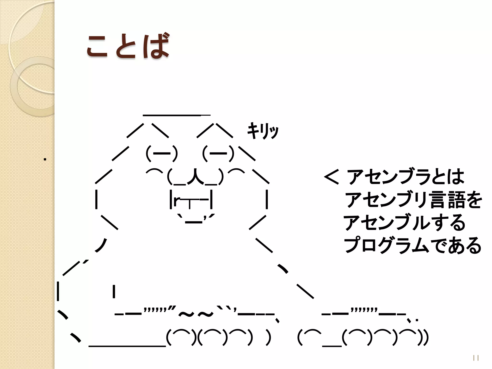 ことば
             ＿＿＿_
            ／ ＼ ／＼ ｷﾘｯ
.         ／ （ー） （ー）＼
       ／     ⌒（__人__）⌒ ＼         ＜ アセンブラとは
       |           |r┬-|   |       アセンブリ言語を
         ＼          `ー'´  ／        アセンブルする
       ノ                  ＼        プログラムである
    ／´                       ヽ
  |       ｌ                    ＼
  ヽ        -一''''''"～～｀`'ー--､    -一'''''''ー-､.
    ヽ ＿＿＿＿(⌒)(⌒)⌒) ) (⌒＿(⌒)⌒)⌒))
                                            11
 