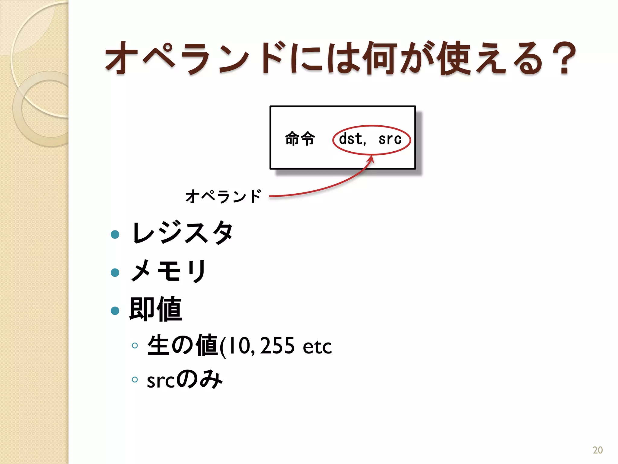 オペランドには何が使える？
                命令      dst, src


        オペランド

 レジスタ
 メモリ
 即値
    ◦ 生の値(10, 255 etc
    ◦ srcのみ

                                   20
 