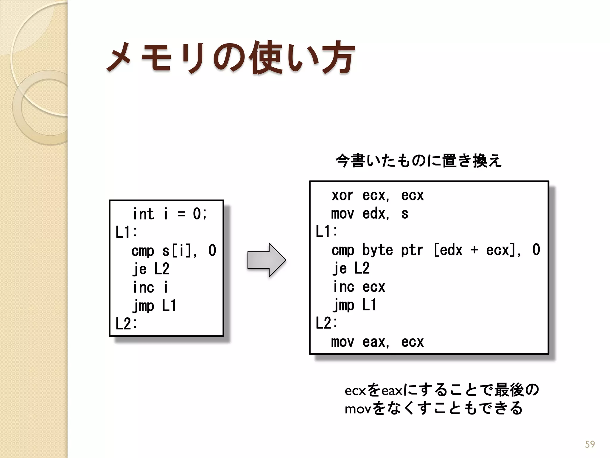 メモリの使い方

                  今書いたものに置き換え

                  xor ecx,   ecx
  int i = 0;      mov edx,   s
L1:             L1:
  cmp s[i], 0     cmp byte   ptr [edx + ecx], 0
  je L2           je L2
  inc i           inc ecx
  jmp L1          jmp L1
L2:             L2:
                  mov eax,   ecx


                   ecxをeaxにすることで最後の
                   movをなくすこともできる

                                                  59
 