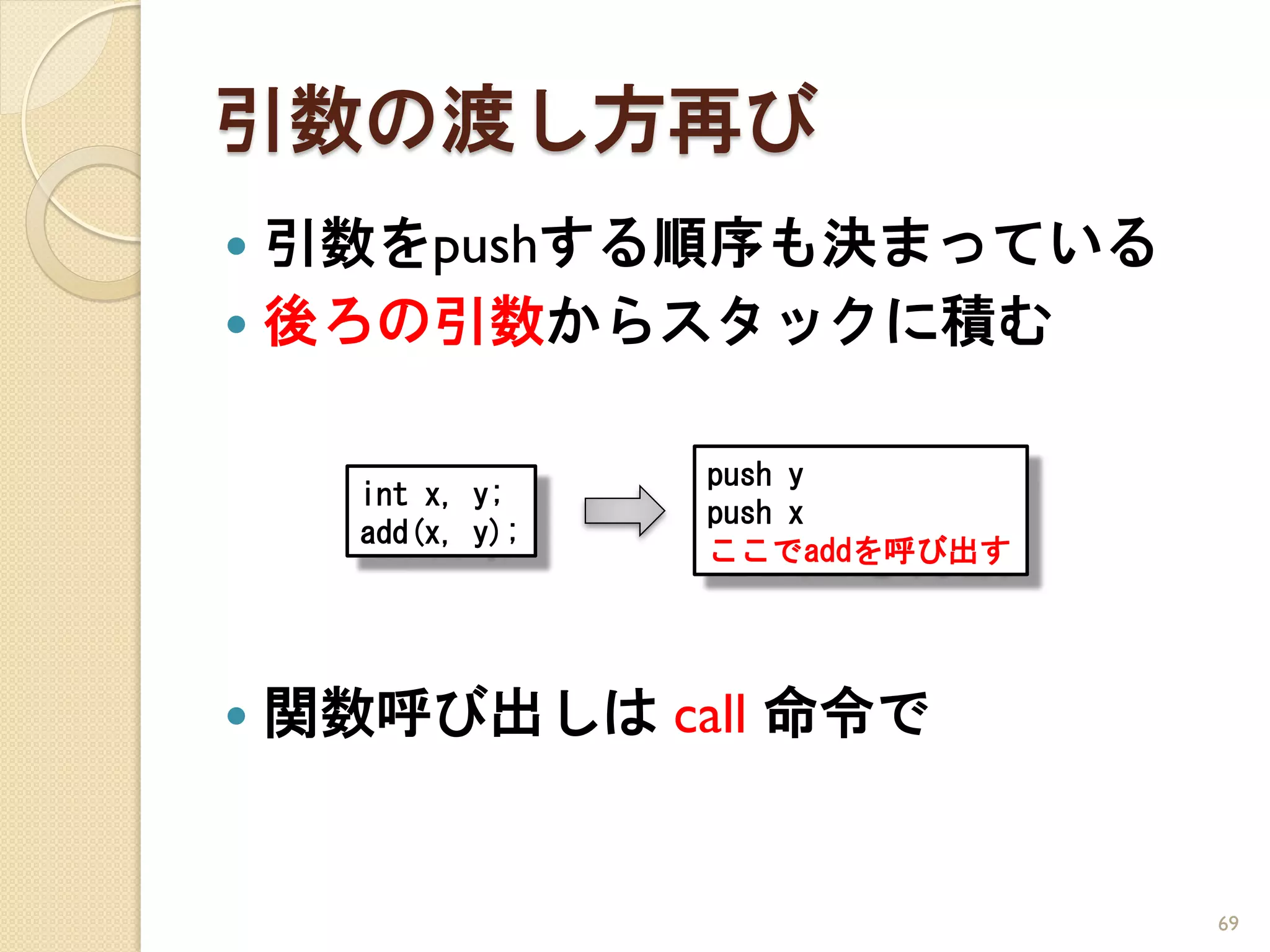 引数の渡し方再び
 引数をpushする順序も決まっている
 後ろの引数からスタックに積む


                   push y
      int x, y;
                   push x
      add(x, y);
                   ここでaddを呼び出す




   関数呼び出しは call 命令で


                                 69
 