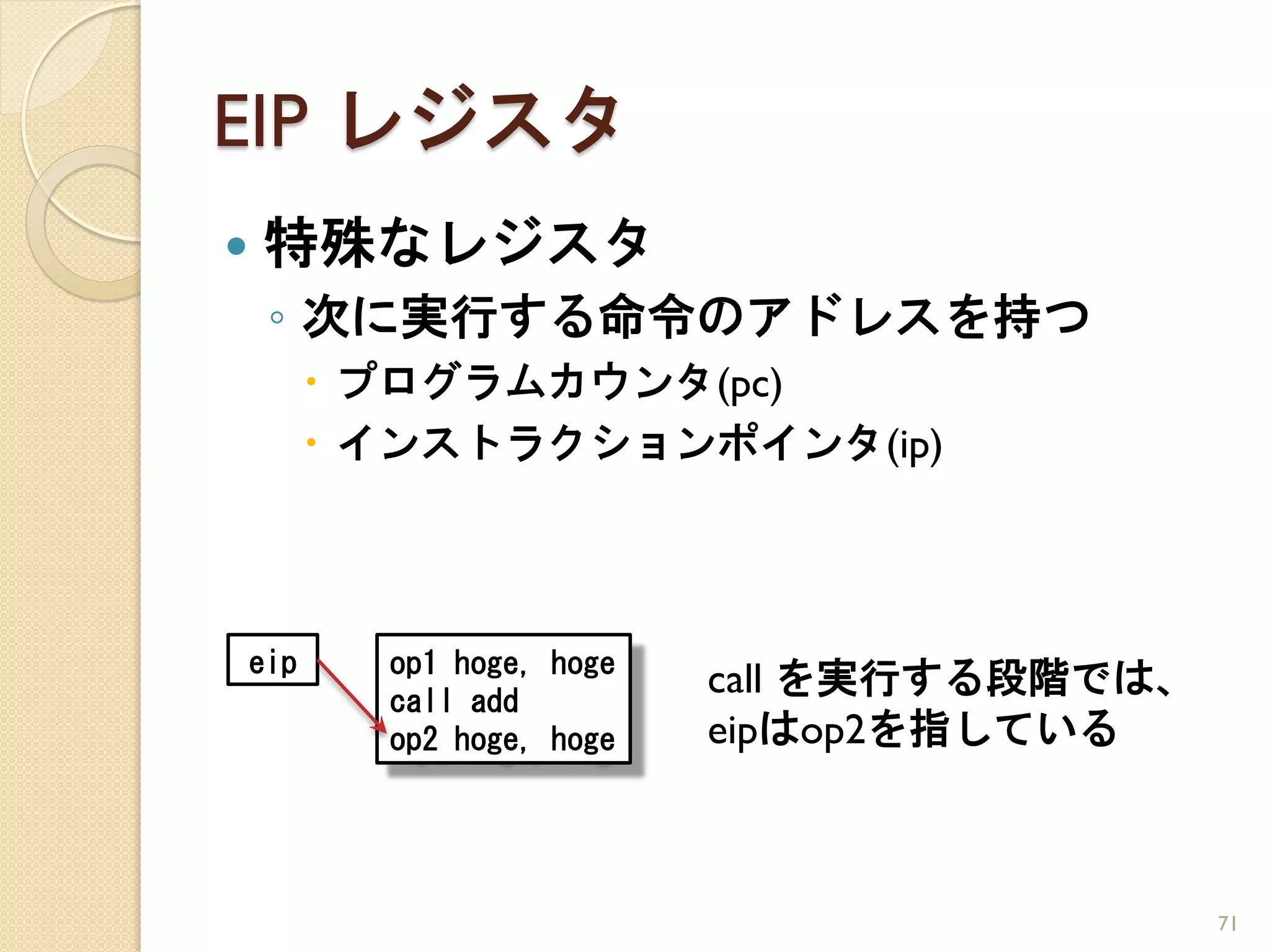 EIP レジスタ
   特殊なレジスタ
    ◦ 次に実行する命令のアドレスを持つ
       プログラムカウンタ(pc)
       インストラクションポインタ(ip)




eip     op1 hoge, hoge
        call add
                         call を実行する段階では、
        op2 hoge, hoge   eipはop2を指している



                                           71
 
