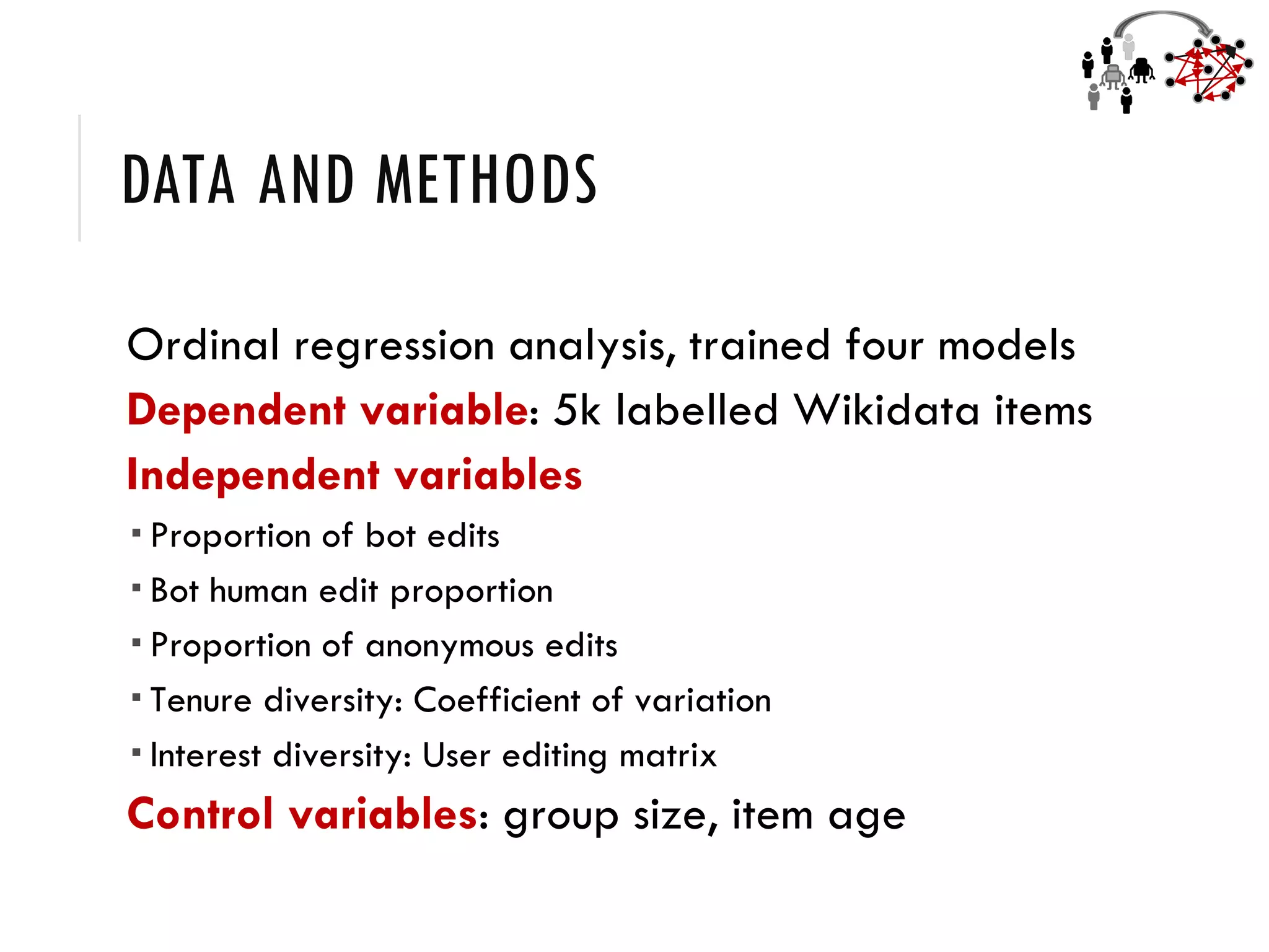 DATA AND METHODS
Ordinal regression analysis, trained four models
Dependent variable: 5k labelled Wikidata items
Independent variables
 Proportion of bot edits
 Bot human edit proportion
 Proportion of anonymous edits
 Tenure diversity: Coefficient of variation
 Interest diversity: User editing matrix
Control variables: group size, item age
 