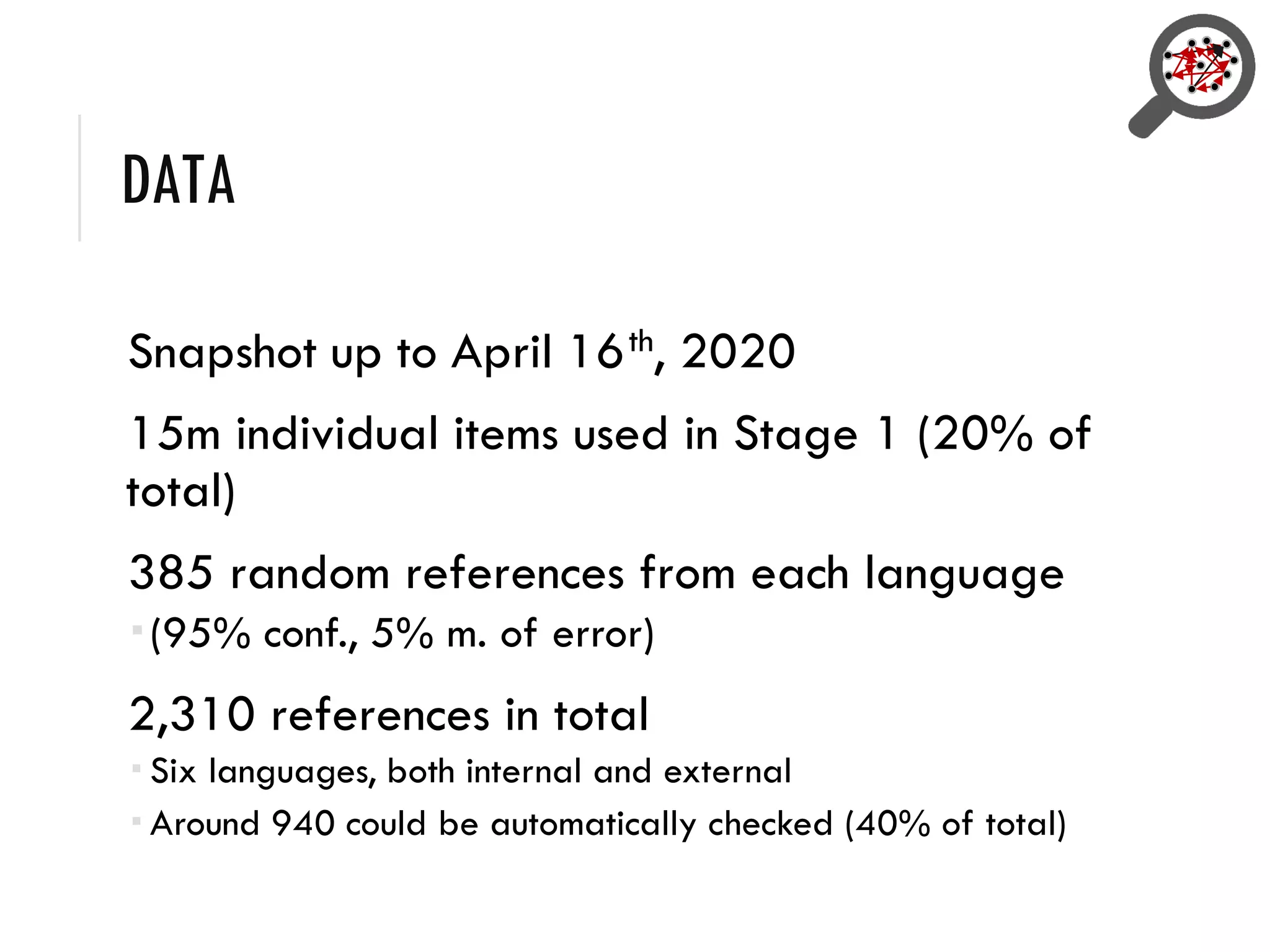 DATA
Snapshot up to April 16th, 2020
15m individual items used in Stage 1 (20% of
total)
385 random references from each language
(95% conf., 5% m. of error)
2,310 references in total
 Six languages, both internal and external
 Around 940 could be automatically checked (40% of total)
 