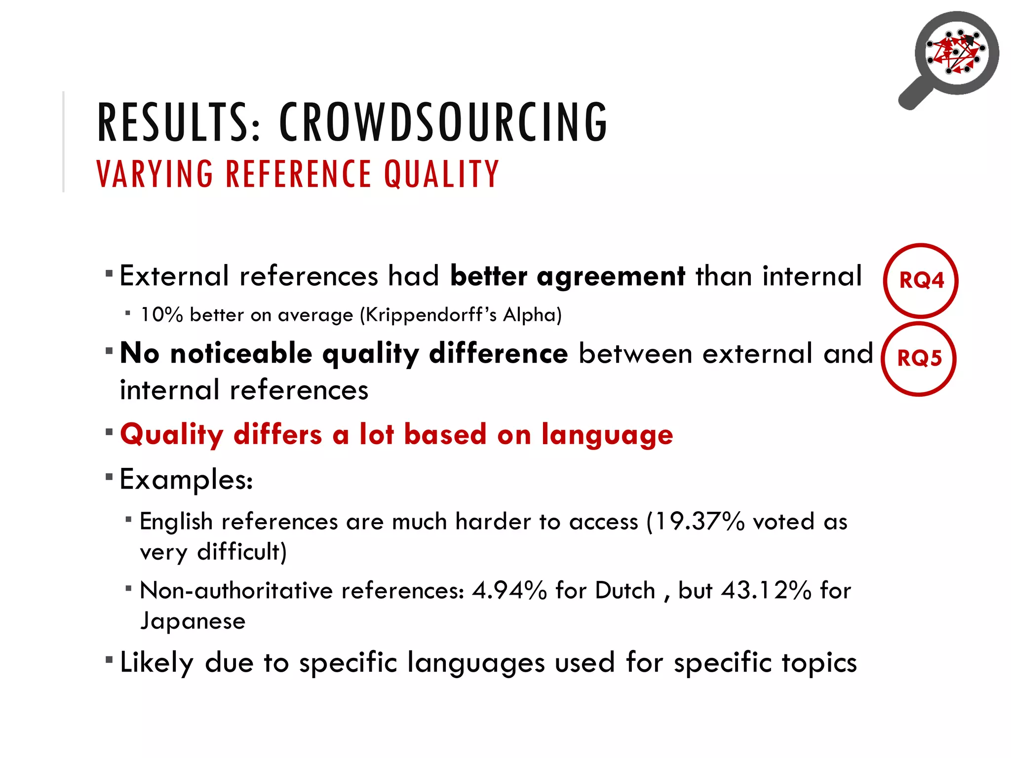 RESULTS: CROWDSOURCING
VARYING REFERENCE QUALITY
RQ4
 External references had better agreement than internal
 10% better on average (Krippendorff’s Alpha)
 No noticeable quality difference between external and
internal references
 Quality differs a lot based on language
 Examples:
 English references are much harder to access (19.37% voted as
very difficult)
 Non-authoritative references: 4.94% for Dutch , but 43.12% for
Japanese
 Likely due to specific languages used for specific topics
RQ5
 