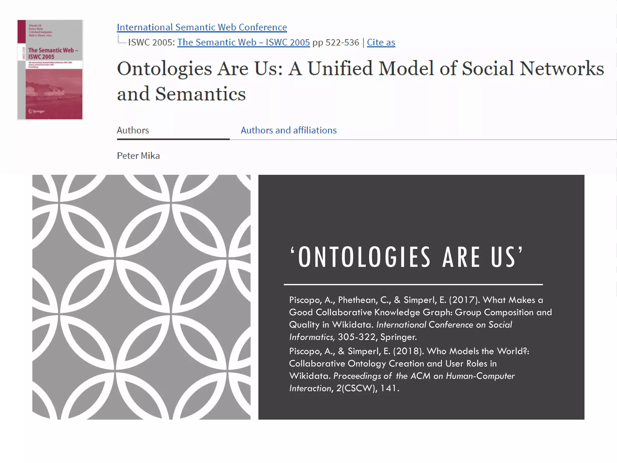 ‘ONTOLOGIES ARE US’
Piscopo, A., Phethean, C., & Simperl, E. (2017). What Makes a
Good Collaborative Knowledge Graph: Group Composition and
Quality in Wikidata. International Conference on Social
Informatics, 305-322, Springer.
Piscopo, A., & Simperl, E. (2018). Who Models the World?:
Collaborative Ontology Creation and User Roles in
Wikidata. Proceedings of the ACM on Human-Computer
Interaction, 2(CSCW), 141.
 