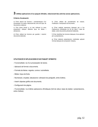 pág. 12 
3. Utilitza aplicacions d’un paquet ofimàtic, relacionant-les amb les seves aplicacions. 
Criteris d’avaluació: 
a) S’han descrit les funcions i característiques d’un processador de textos relacionant-les amb els tipus de documents a elaborar. 
b) S’han utilitzat els procediments de creació, modificació i manipulació de documents c) S’ha donat format a un text millorant la seva presentació utilitzant diferents tipus de lletres i alineacions. d) S’han utilitzat les funcions per guardar i imprimir documents elaborats. e) S’han realitzat operacions bàsiques per a l’ús d’aplicacions ofimàtiques de full de càlcul i base de dades, sobre documents prèviament elaborats. f) S’han identificat les funcions bàsiques d’una aplicació per a presentacions. 
g) S’han elaborat presentacions multimèdia aplicant normes bàsiques de composició i disseny. 
UTILITZACIÓ D’APLICACIONS D’UN PAQUET OFIMÀTIC: 
- Funcionalitats i ús d’un processador de textos. 
- Aplicació de format a documents. 
- Formats de lletres: negreta, cursiva i subratllada. 
- Mides i tipus de fonts. 
- Numeració, vinyetes, tabulacions i alineació de paràgrafs, entre d’altres. 
- Inserir objectes gràfics als documents. 
- Configuració de pàgina. 
- Funcionalitats i ús d’altres aplicacions ofimàtiques (full de càlcul, base de dades i presentacions, entre d’altres). 
 