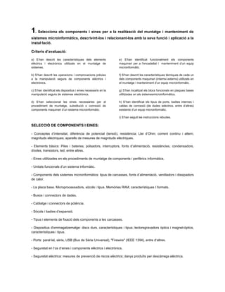 1. Selecciona els components i eines per a la realització del muntatge i manteniment de sistemes microinformàtics, descrivint-los i relacionant-los amb la seva funció i aplicació a la instal·lació. 
Criteris d’avaluació: a) S’han descrit les característiques dels elements elèctrics i electrònics utilitzats en el muntatge de sistemes. b) S’han descrit les operacions i comprovacions prèvies a la manipulació segura de components elèctrics i electrònics. c) S’han identificat els dispositius i eines necessaris en la manipulació segura de sistemes electrònics. d) S’han seleccionat les eines necessàries per al procediment de muntatge, substitució o connexió de components maquinari d’un sistema microinformàtic. 
e) S’han identificat funcionalment els components maquinari per a l’encadellat i manteniment d’un equip microinformàtic. 
f) S’han descrit les característiques tècniques de cada un dels components maquinari (internsi externs) utilitzats en el muntatge i manteniment d’un equip microinformàtic. 
g) S’han localitzat els blocs funcionals en plaques bases utilitzades en els sistemesmicroinformàtics. 
h) S’han identificat els tipus de ports, badies internes i cables de connexió (de dades ielèctrics, entre d’altres) existents d’un equip microinformàtic. 
i) S’han seguit les instruccions rebudes. 
SELECCIÓ DE COMPONENTS I EINES: 
- Conceptes d’intensitat, diferència de potencial (tensió), resistència; Llei d’Ohm; corrent continu i altern; magnituds elèctriques; aparells de mesures de magnituds elèctriques. 
- Elements bàsics: Piles i bateries, polsadors, interruptors, fonts d’alimentació, resistències, condensadors, díodes, transistors, led, entre altres. 
- Eines utilitzades en els procediments de muntatge de components i perifèrics informàtics. 
- Unitats funcionals d’un sistema informàtic. 
- Components dels sistemes microinformàtics: tipus de carcasses, fonts d’alimentació, ventiladors i dissipadors de calor. 
- La placa base. Microprocessadors, sòcols i tipus. Memòries RAM, característiques I formats. 
- Busos i connectors de dades. 
- Cablatge i connectors de potència. 
- Sòcols i badies d’expansió. 
- Tipus i elements de fixació dels components a les carcasses. 
- Dispositius d’emmagatzematge: discs durs, característiques i tipus; lectorsgravadors òptics i magnet-òptics, característiques i tipus. 
- Ports: paral·lel, sèrie, USB (Bus de Sèrie Universal), "Firewire" (IEEE 1394), entre d’altres. 
- Seguretat en l’ús d’eines i components elèctrics i electrònics. 
- Seguretat elèctrica: mesures de prevenció de riscos elèctrics; danys produïts per descàrrega elèctrica.  