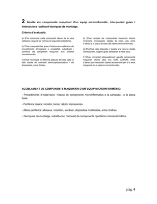 pág. 4 
2. Acobla els components maquinari d’un equip microinformàtic, interpretant guies i instruccions i aplicant tècniques de muntatge. 
Criteris d’avaluació: a) S’ha comprovat cada component abans de la seva utilització, seguint les normes de seguretat establertes. b) S’han interpretat les guies d’instruccions referents als procediments d’integració o encadellat, substitució i connexió del component maquinari d’un sistema microinformàtic. c) S’han reconegut en diferents plaques de base cada un dels sòcols de connexió demicroprocessadors i els dissipadors, entre d’altres. 
d) S’han acoblat els components maquinari interns (memòria, processador, targeta de vídeo, pila, entre d’altres) a la placa de base del sistema microinformàtic. 
e) S’ha fixat cada dispositiu o targeta a la ranura o badia corresponent, segons guies detallades d’instal·lació. 
f) S’han connectat adequadament aquells components maquinari interns (disc dur, DVD, CDROM, entre d’altres) que necessitin cables de connexió per a la seva integració en el sistema microinformàtic. 
ACOBLAMENT DE COMPONENTS MAQUINARI D’UN EQUIP MICROINFORMÀTIC: 
- Procediments d’instal·lació i fixació de components microinformàtics a la carcassa i a la placa base. 
- Perifèrics bàsics: monitor, teclat, ratolí i impressores. 
- Altres perifèrics: altaveus, micròfon, escàner, dispositius multimèdia, entre d’altres. 
- Tècniques de muntatge, substitució i connexió de components i perifèrics microinformàtics. 
 