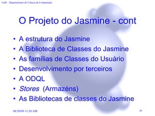 O Projeto do Jasmine - cont A estrutura do Jasmine A Biblioteca de Classes do Jasmine As famílias de Classes do Usuário Desenvolvimento por terceiros A ODQL Stores  (Armazéns) As Bibliotecas de classes do Jasmine 
