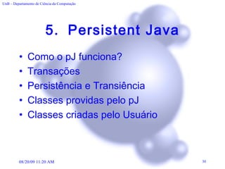 5. Persistent Java Como o pJ funciona? Transações Persistência e Transiência Classes providas pelo pJ Classes criadas pelo Usuário 