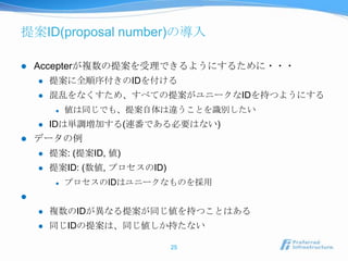 提案ID(proposal number)の導入

   Accepterが複数の提案を受理できるようにするために・・・
       提案に全順序付きのIDを付ける
       混乱をなくすため、すべての提案がユニークなIDを持つようにする
            値は同じでも、提案自体は違うことを識別したい
       IDは単調増加する(連番である必要はない)
   データの例
       提案: (提案ID, 値)
       提案ID: (数値, プロセスのID)
            プロセスのIDはユニークなものを採用

       複数のIDが異なる提案が同じ値を持つことはある
       同じIDの提案は、同じ値しか持たない

                              25
 