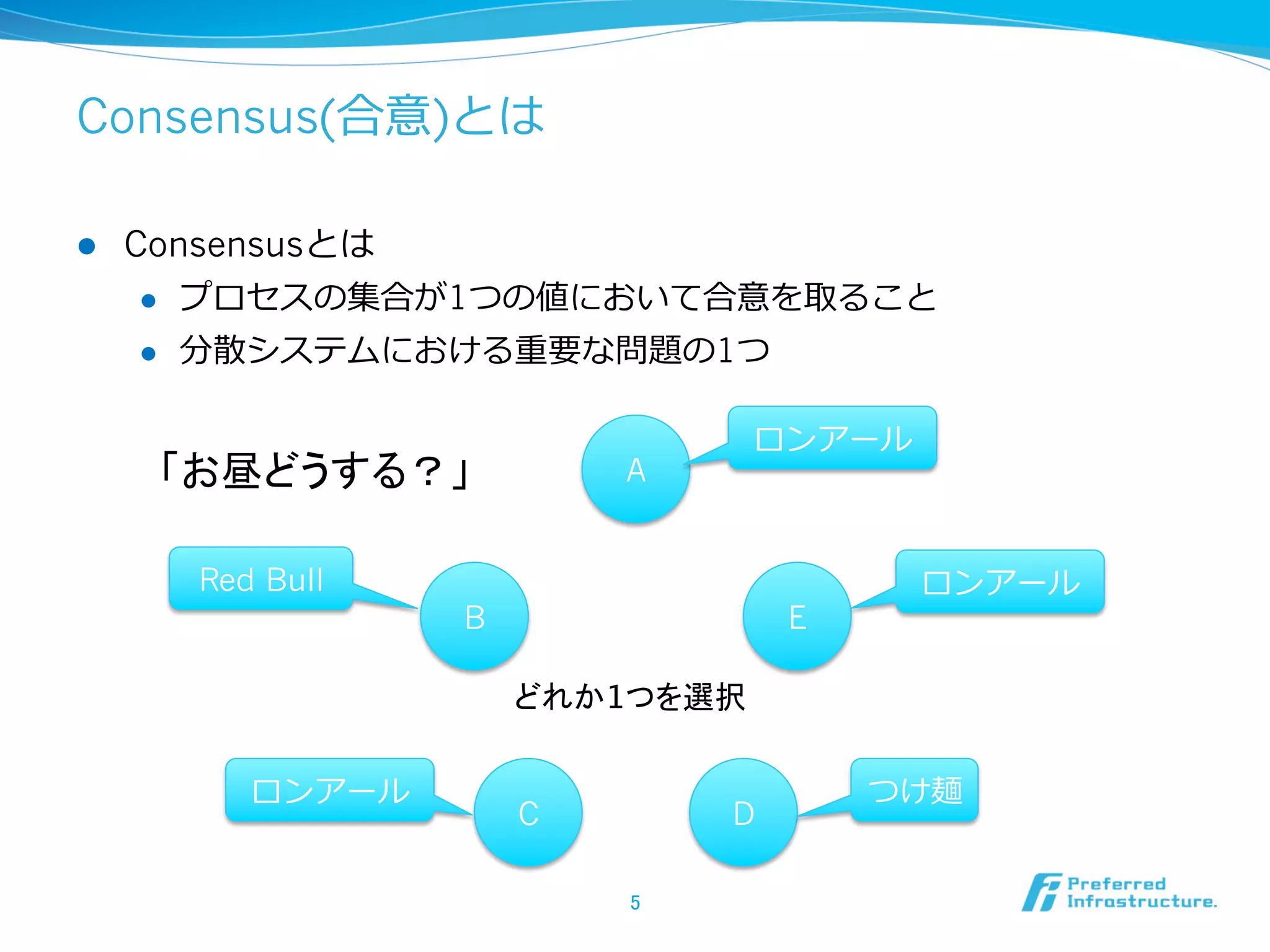 Consensus(合意)とは

l    Consensusとは
       l  プロセスの集合が1つの値において合意を取ること

       l  分散システムにおける重要な問題の1つ


                                 ロンアール
       「お昼どうする？」	
         A


        Red Bull                          ロンアール
                   B                 E

                       どれか1つを選択	

           ロンアール                         つけ麺
                       C         D

                           5	
 