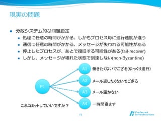 現実の問題

l    分散システム的な問題設定
      l  処理理に任意の時間がかかる、しかもプロセス毎に進⾏行行速度度が違う

      l  通信に任意の時間がかかる、メッセージが失われる可能性がある

      l  停⽌止したプロセスが、あとで復復旧する可能性がある(fail-recover)

      l  しかし、メッセージが壊れた状態で到達しない(non-Byzantine)


                             A1   働きたくないでござる(ゆっくり進行)	

                             A2   メール返したくないでござる	
              P1
                             A3   メール届かない	


       これコミットしていいですか？	
      A4   一時間寝ます	

                          15	
 