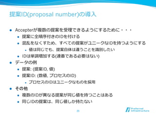 提案ID(proposal number)の導⼊入

l    Accepterが複数の提案を受理理できるようにするために・・・
       l  提案に全順序付きのIDを付ける

       l  混乱をなくすため、すべての提案がユニークなIDを持つようにする

            l    値は同じでも、提案⾃自体は違うことを識識別したい
      l    IDは単調増加する(連番である必要はない)
l    データの例例
      l  提案: (提案ID, 値)

      l  提案ID: (数値, プロセスのID)

            l    プロセスのIDはユニークなものを採⽤用
l    その他
      l    複数のIDが異異なる提案が同じ値を持つことはある
      l    同じIDの提案は、同じ値しか持たない

                                25	
 