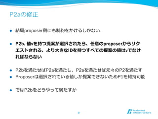 P2aの修正

l    結局proposer側にも制約をかけるしかない


l    P2b. 値vを持つ提案が選択されたら、任意のproposerからリク
      エストされる、より⼤大きなIDを持つすべての提案の値はvでなけ
      ればならない


l  P2bを満たせばP2aを満たし、P2aを満たせば元々のP2を満たす
l  Proposerは選択されている値しか提案できないためP1を維持可能


l    ではP2bをどうやって満たすか




                        31	
 