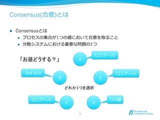 Consensus(合意)とは

l    Consensusとは
       l  プロセスの集合が1つの値において合意を取ること

       l  分散システムにおける重要な問題の1つ


                                 ロンアール
       「お昼どうする？」	
         A


        Red Bull                          ロンアール
                   B                 E

                       どれか1つを選択	

           ロンアール                         つけ麺
                       C         D

                           5	
 