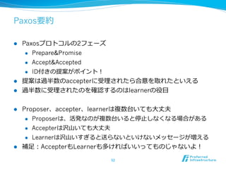 Paxos要約

l  Paxosプロトコルの2フェーズ
     l  Prepare&Promise

     l  Accept&Accepted

     l  ID付きの提案がポイント！

l  提案は過半数のaccepterに受理理されたら合意を取れたといえる
l  過半数に受理理されたのを確認するのはlearnerの役⽬目


l    Proposer、accepter、learnerは複数台いても⼤大丈夫
       l  Proposerは、活発なのが複数台いると停⽌止しなくなる場合がある

       l  Accepterは沢⼭山いても⼤大丈夫

      l    Learnerは沢⼭山いすぎると送らないといけないメッセージが増える
l    補⾜足：AccepterもLearnerも多ければいいってものじゃないよ！

                           52	
 