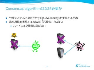 Consensus algorithmはなぜ必要か

l  分散システムで⾼高可⽤用性(High Availability)を実現するため
l  ⾼高可⽤用性を実現する⽅方法は「冗⻑⾧長化」ただ1つ
     l  ハードウェア障害は防げない




                        6	
 
