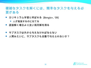 複雑なタスクを解くには、簡単なタスクを与える必
要がある
 カリキュラム学習と呼ばれる [Bengio+, ‘09]
 人が勉強するのに似てる
 直接解く場合より良い局所解を得る
 サブタスクは外から与えなければならない
 人間みたいに、サブタスクも自動で与えられないか？
32
 