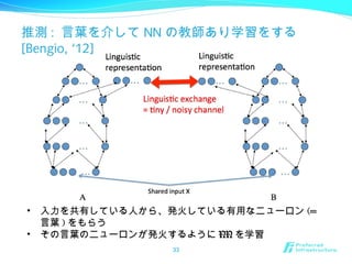 33
• 入力を共有している人から、発火している有用なニューロン (=
言葉 ) をもらう
• その言葉のニューロンが発火するように NN を学習
推測 : 言葉を介して NN の教師あり学習をする
[Bengio, ‘12]
 