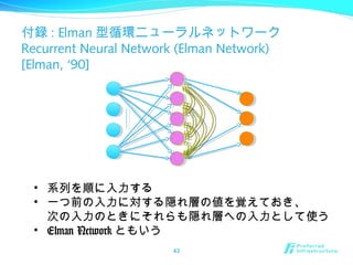 付録 : Elman 型循環ニューラルネットワーク
Recurrent Neural Network (Elman Network)
[Elman, ‘90]
43
• 系列を順に入力する
• 一つ前の入力に対する隠れ層の値を覚えておき、
次の入力のときにそれらも隠れ層への入力として使う
• Elman Network ともいう
 