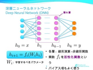 深層ニューラルネットワーク
Deep Neural Network (DNN)
8
隠れ層
• 各層 : 線形演算→非線形関数
• 関数 を活性化関数とい
う
• バイアス項もよく使う
: 学習するべきパラメータ
 