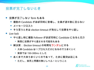 投票が完了しないとき
 投票が完了しない Term もある
 複数の Candidate がほぼ同時に登場し、全員が過半数に至らない
 メッセージロスト
 そう言うときは election timeout が発生して投票をやり直し
 Live lock
 やり直し時に複数 Follower がほぼ同時に Candidate になると厄介

無限に投票がやり直される可能性もある
 解決策： Election timeout の時間をランダムにする

大体 Candidate は 1 プロセスだけになるのでうまくいく

実装では 150-300ms とした
 あくまで大体うまくいくのであって、たまに衝突は起こる

ただし、実用上問題の無いレベル！ということ
28
 