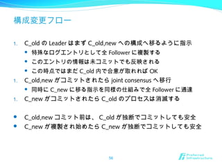 構成変更フロー
1. C_old の Leader はまず C_old,new への構成へ移るように指示
 特殊なログエントリとして全 Follower に複製する
 このエントリの情報は未コミットでも反映される
 この時点ではまだ C_old 内で合意が取れれば OK
1. C_old,new がコミットされたら joint consensus へ移行
 同時に C_new に移る指示を同様の仕組みで全 Follower に通達
1. C_new がコミットされたら C_old のプロセスは消滅する
 C_old,new コミット前は、 C_old が独断でコミットしても安全
 C_new が複製され始めたら C_new が独断でコミットしても安全
56
 