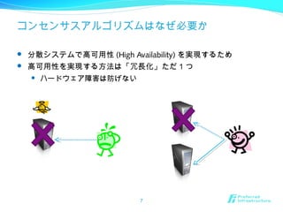 コンセンサスアルゴリズムはなぜ必要か
 分散システムで高可用性 (High Availability) を実現するため
 高可用性を実現する方法は「冗長化」ただ 1 つ
 ハードウェア障害は防げない
7
 