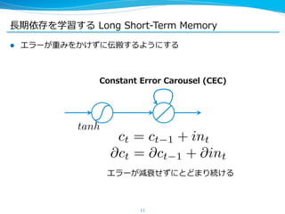 ⻑⾧長期依存を学習する Long Short-‐‑‒Term Memory 
l エラーが重みをかけずに伝搬するようにする 
Constant Error Carousel (CEC) 
ct = ct1 + int 
@ct = @ct1 + @int 
エラーが減衰せずにとどまり続ける 
11 
tanh 
 