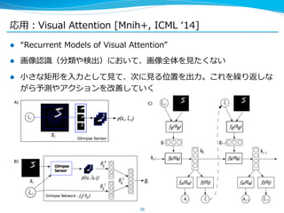 応⽤用：Visual Attention [Mnih+, ICML ʻ‘14] 
l “Recurrent Models of Visual Attention” 
l 画像認識識（分類や検出）において、画像全体を⾒見見たくない 
l ⼩小さな矩形を⼊入⼒力力として⾒見見て、次に⾒見見る位置を出⼒力力。これを繰り返しな 
がら予測やアクションを改善していく 
38 
 