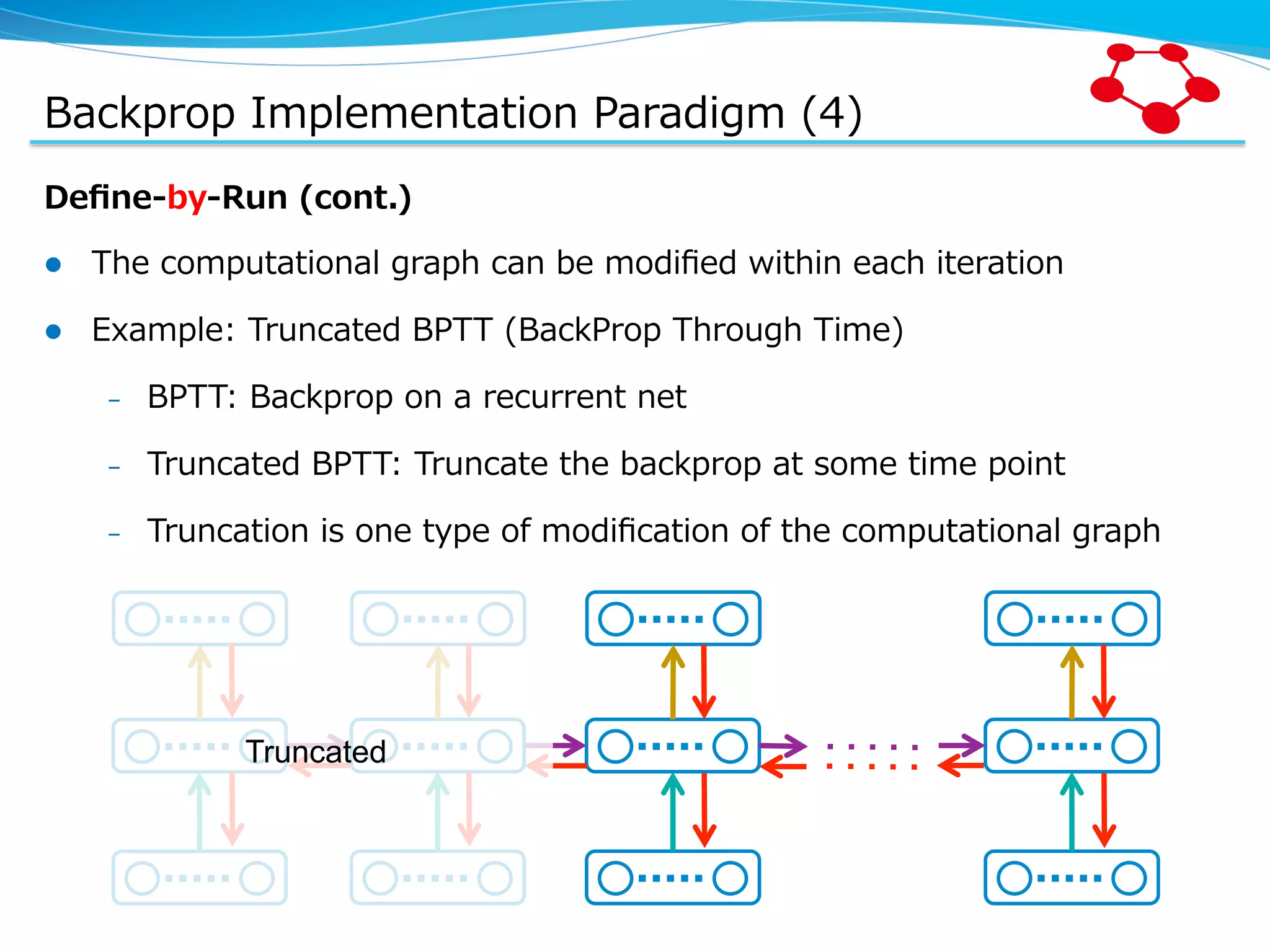 Backprop  Implementation  Paradigm  (4) Deﬁne-‐‑‒by-‐‑‒Run  (cont.) l  The  computational  graph  can  be  modiﬁed  within  each  iteration l  Example:  Truncated  BPTT  (BackProp  Through  Time) –  BPTT:  Backprop  on  a  recurrent  net –  Truncated  BPTT:  Truncate  the  backprop  at  some  time  point –  Truncation  is  one  type  of  modiﬁcation  of  the  computational  graph Truncated 