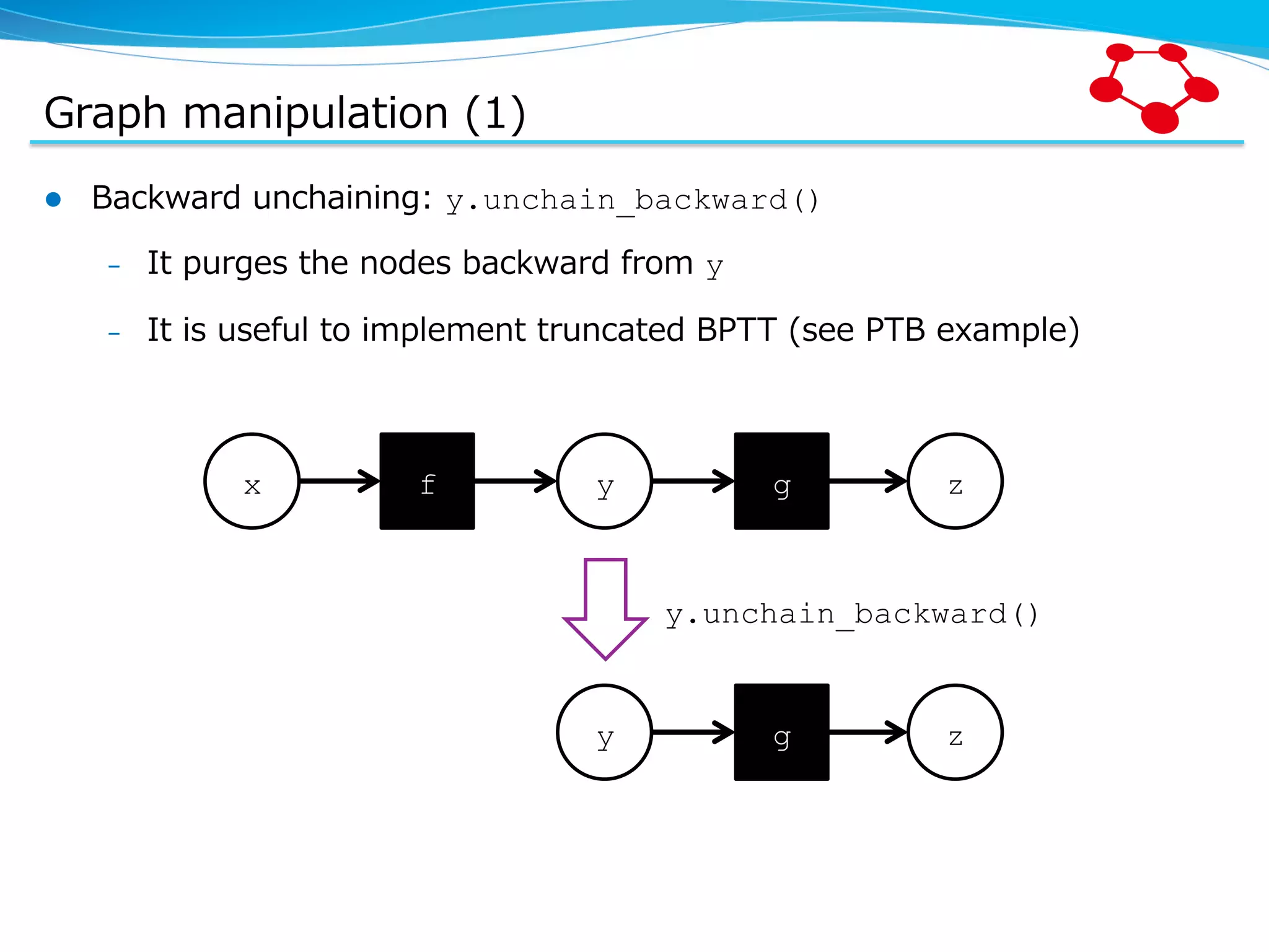 Graph  manipulation  (1) l  Backward  unchaining:  y.unchain_backward() –  It  purges  the  nodes  backward  from  y –  It  is  useful  to  implement  truncated  BPTT  (see  PTB  example) x f y g z y g z y.unchain_backward() 