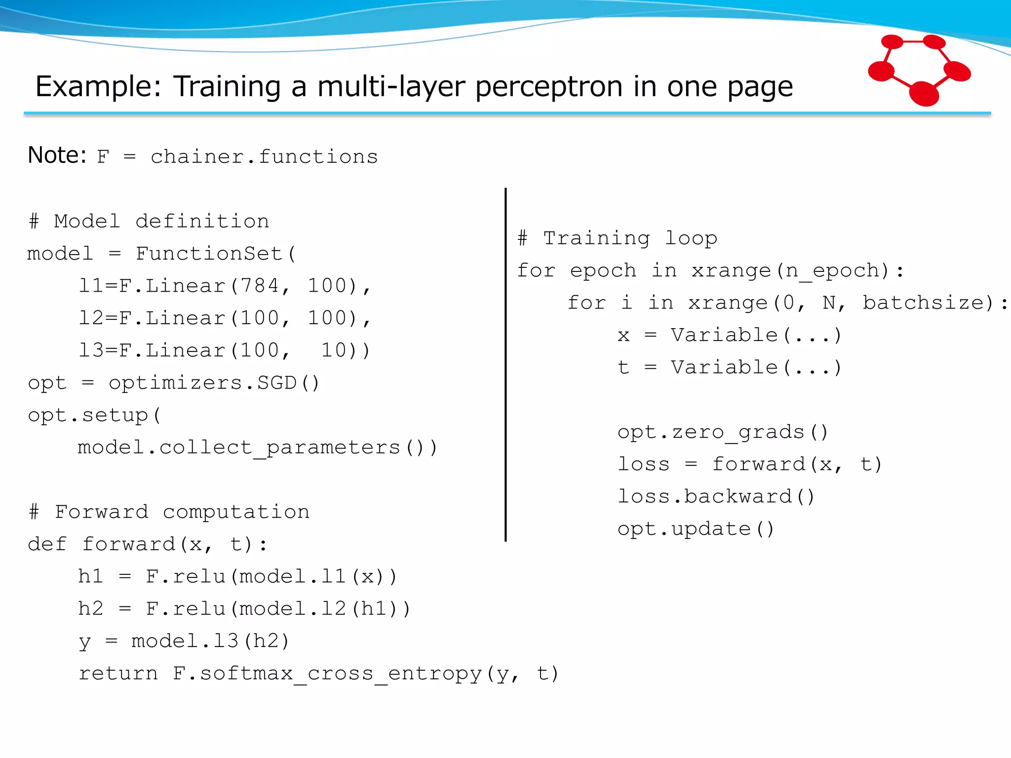 Example:  Training  a  multi-‐‑‒layer  perceptron  in  one  page Note:  F = chainer.functions # Model definition model = FunctionSet( l1=F.Linear(784, 100), l2=F.Linear(100, 100), l3=F.Linear(100, 10)) opt = optimizers.SGD() opt.setup( model.collect_parameters()) # Forward computation def forward(x, t): h1 = F.relu(model.l1(x)) h2 = F.relu(model.l2(h1)) y = model.l3(h2) return F.softmax_cross_entropy(y, t) # Training loop for epoch in xrange(n_epoch): for i in xrange(0, N, batchsize): x = Variable(...) t = Variable(...) opt.zero_grads() loss = forward(x, t) loss.backward() opt.update() 