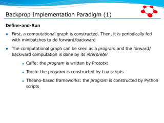 Backprop  Implementation  Paradigm  (1)
Deﬁne-‐‑‒and-‐‑‒Run
l  First,  a  computational  graph  is  constructed.  Then,  ...