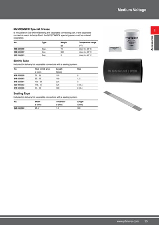 25www.pfisterer.com
MV-CONNEX Special Grease
Is included for use when first fitting the separable connecting part. If the separable
connector needs to be re-fitted, the MV-CONNEX special grease must be ordered
separately.
No. Type Weight Temperature range
(g) (°C)
558 228 008 Bag 10 down to -25 °C
558 228 007 Can 500 down to -25 °C
002 854 003 Bag 8 down to -45° C
Shrink Tube
Included in delivery for separable connectors with a sealing system.
No. Heat shrink area Length Size
d (mm) l (mm)
619 528 528 70 - 20 125 0
619 528 003 90 / 25 150 1, 2
619 528 001 130 / 39 225 3
023 998 002 115 / 34 425 3 (XL)
619 528 008 90 / 25 300 2 (XL)
Sealing Tape
Included in delivery for separable connectors with a sealing system.
No. Width Thickness Length
b (mm) d (mm) l (mm)
545 036 002 25.4 1.6 300
i
Accessories
Medium Voltage
 