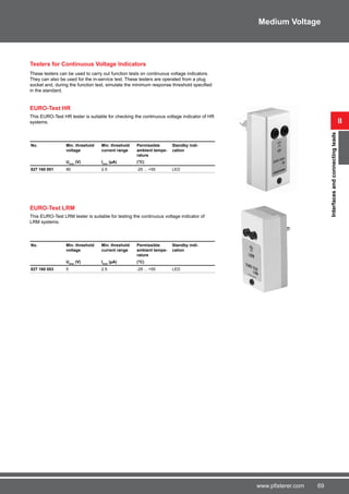 69www.pfisterer.com
Testers for Continuous Voltage Indicators
These testers can be used to carry out function tests on continuous voltage indicators.
They can also be used for the in-service test. These testers are operated from a plug
socket and, during the function test, simulate the minimum response threshold specified
in the standard.
EURO-Test HR
This EURO-Test HR tester is suitable for checking the continuous voltage indicator of HR
systems.
No. Min. threshold
voltage
Min. threshold
current range
Permissible
ambient tempe-
rature
Standby indi-
cation
Utmin
(V) itmin
(µA) (°C)
827 160 001 90 2.5 -25 ... +55 LED
EURO-Test LRM
This EURO-Test LRM tester is suitable for testing the continuous voltage indicator of
LRM systems.
No. Min. threshold
voltage
Min. threshold
current range
Permissible
ambient tempe-
rature
Standby indi-
cation
Utmin
(V) itmin
(µA) (°C)
827 160 003 5 2.5 -25 ... +55 LED
ii
Interfacesandconnectingleads
Medium Voltage
 